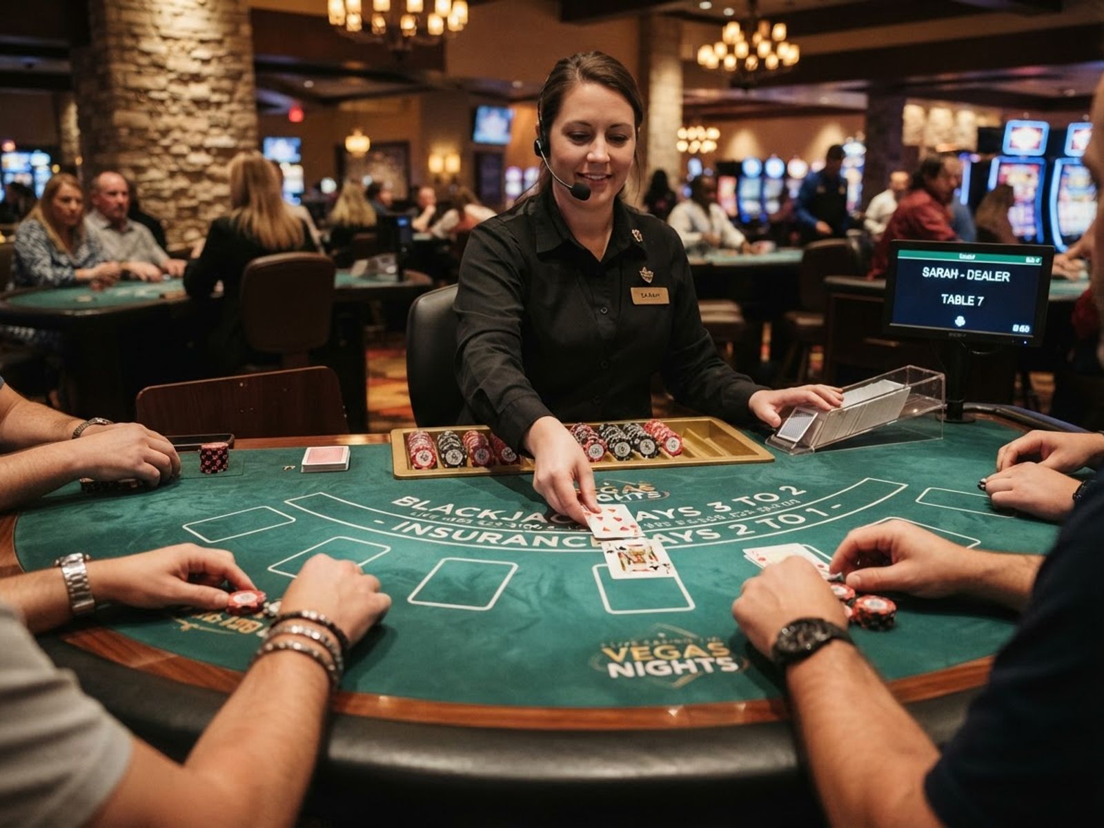 Croupier distribuant les cartes au blackjack en direct