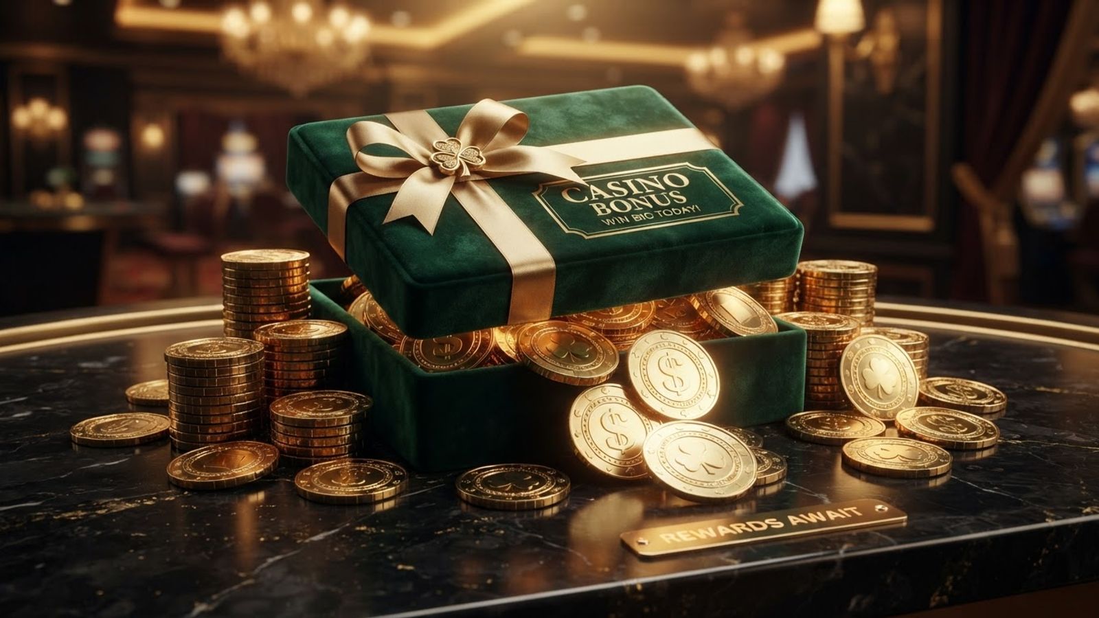 Pièces dorées et coffret cadeau du bonus de bienvenue BinoBet