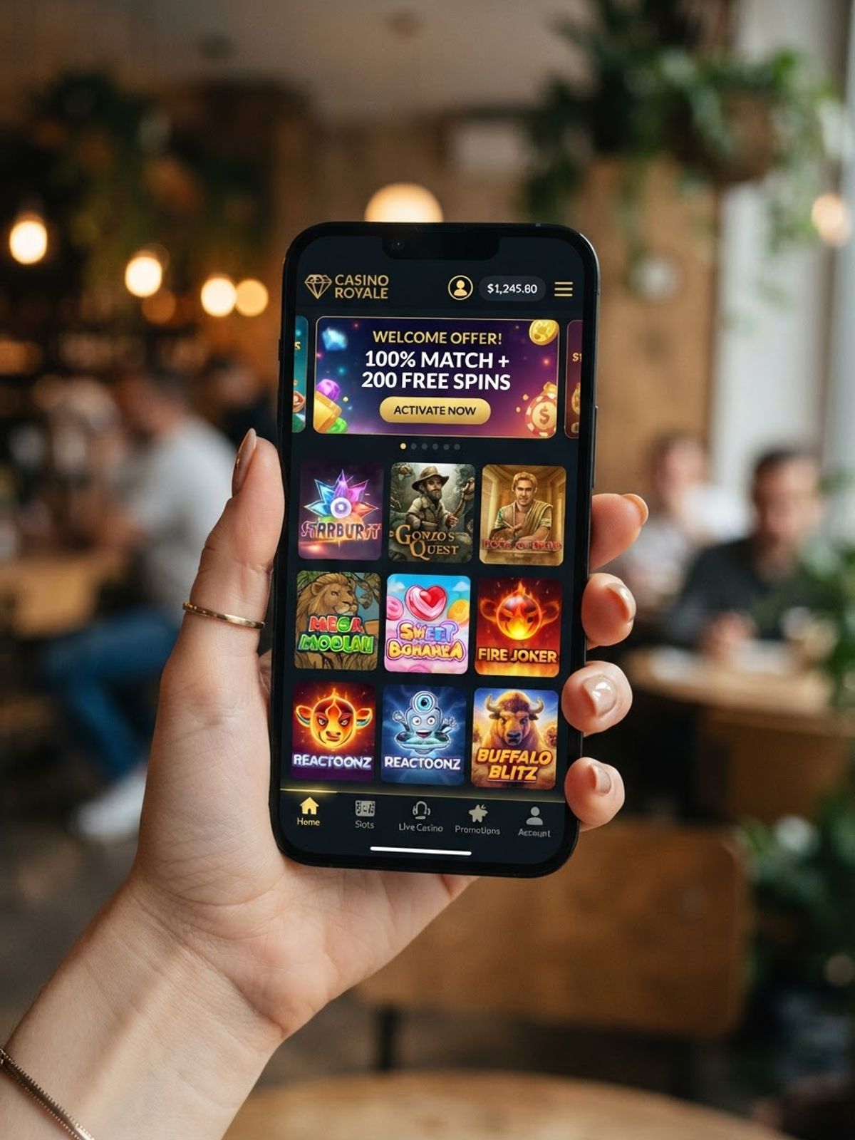 Main tenant un smartphone affichant l'application casino