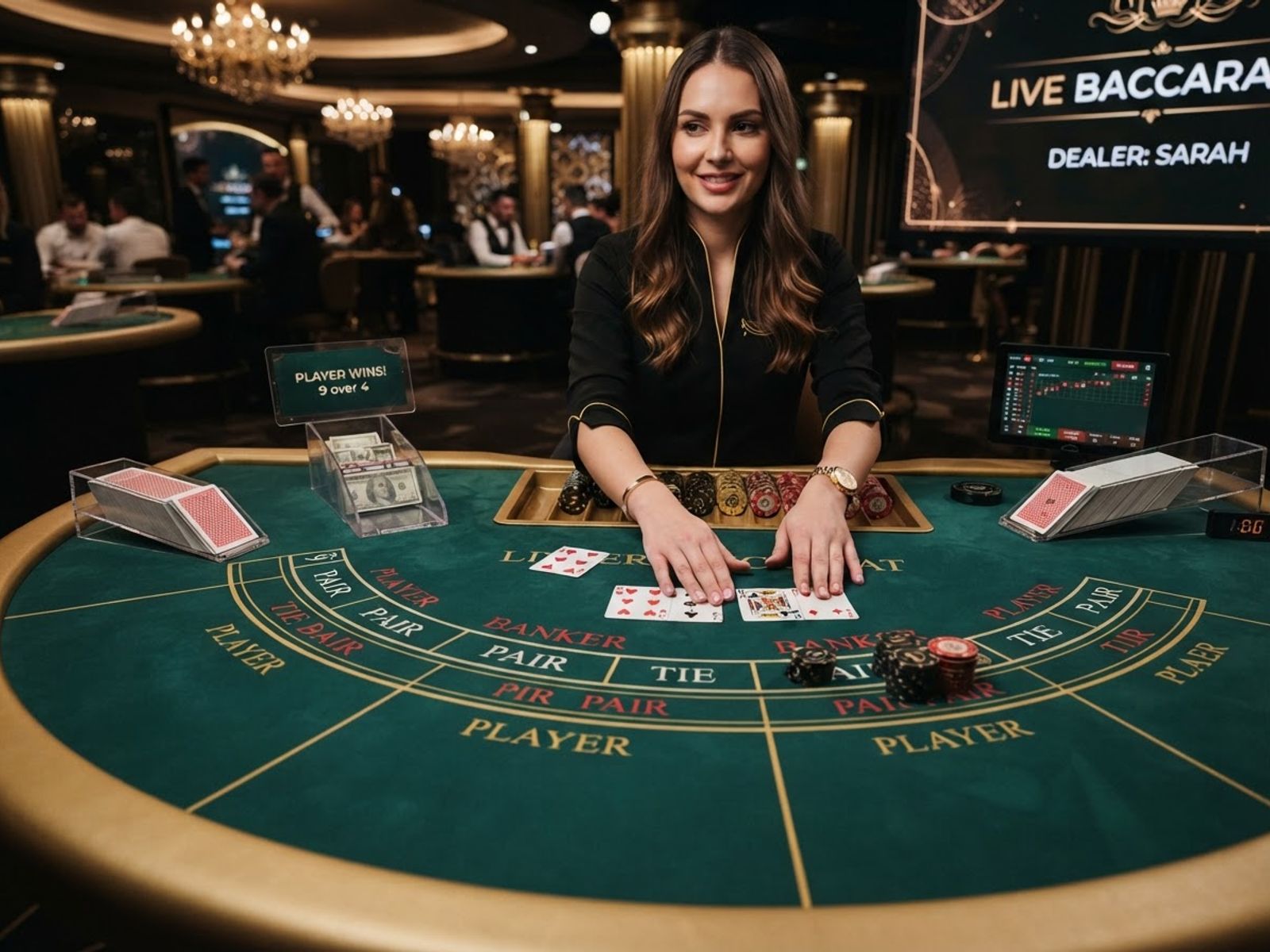 Table de baccarat en direct avec cartes et cases
